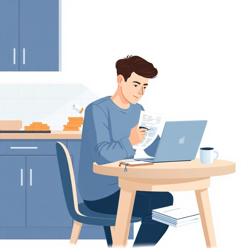 A person reviewing household bills and finances on a laptop at a kitchen table